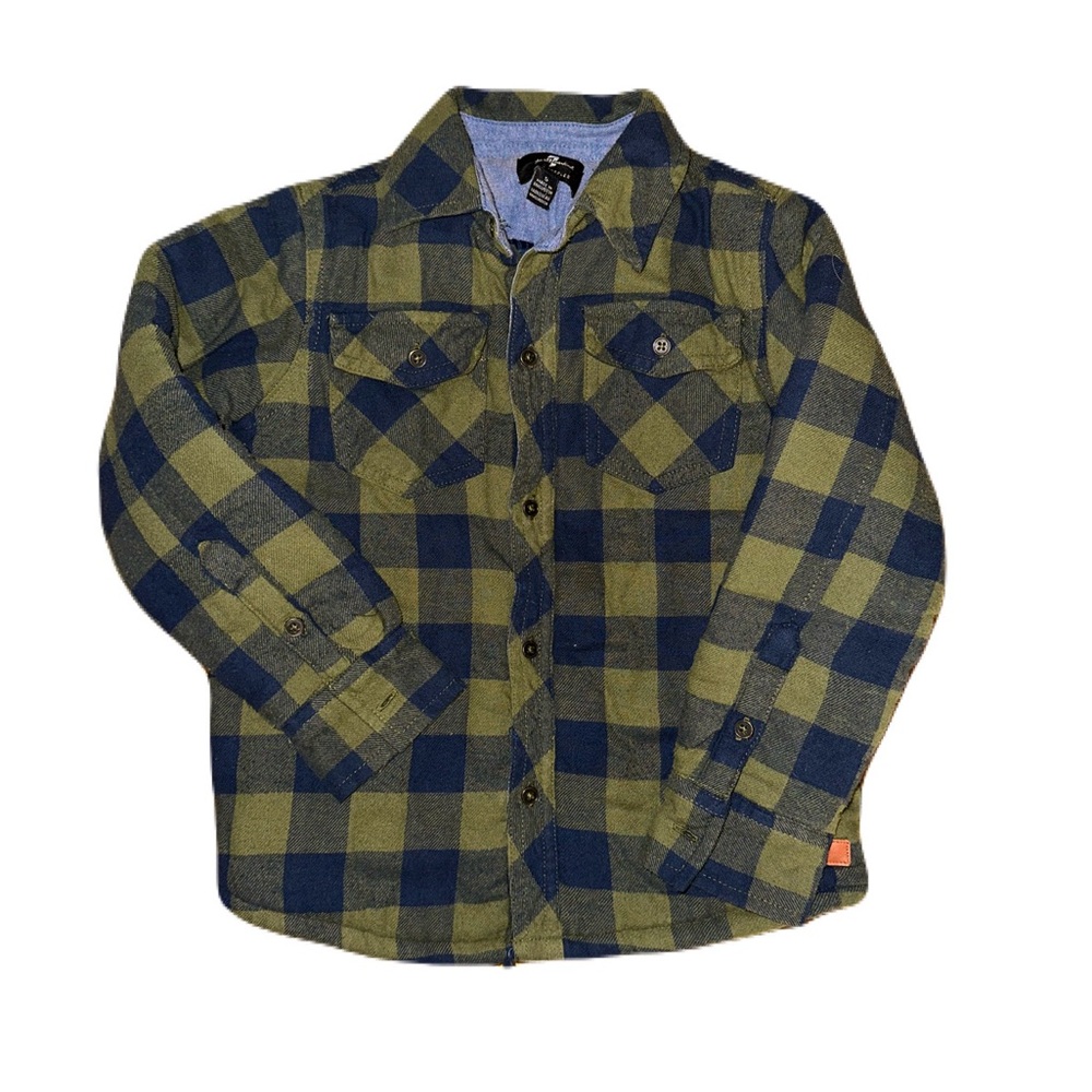 7 For All Mankind Green and Navy Plaid Button Down, Size 5